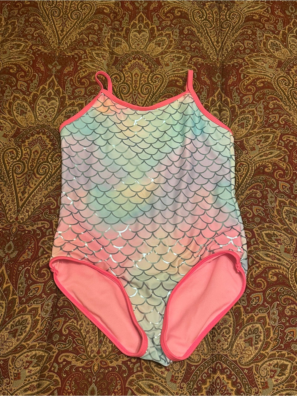 Magic Girls' Pastel Mermaid Scale One-Piece Swimsuit with Pink Trim